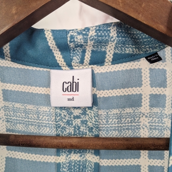 CAbi Blouse Blue Medium 3068 Windowpane Plaid Surplice Faux Wrap Top Long Sleeve - Picture 3 of 11